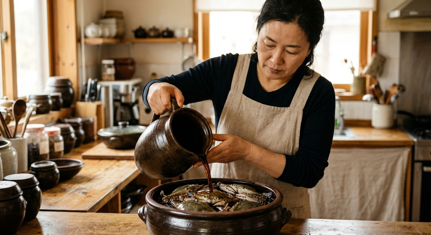 Cooking 간장게장 on the stove