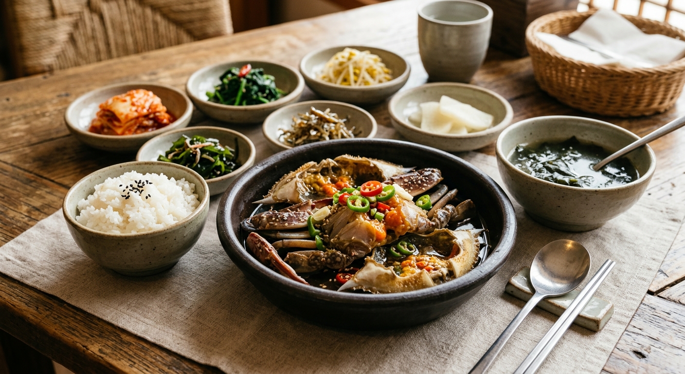 Finished 간장게장 served with rice and banchan