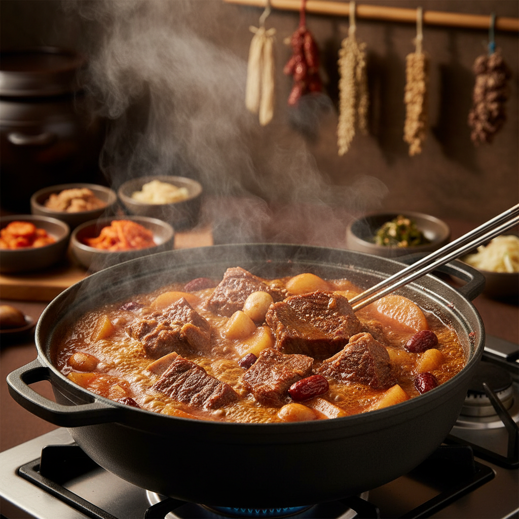 갈비찜 조리 중 — 불 위에서 익어가는 과정