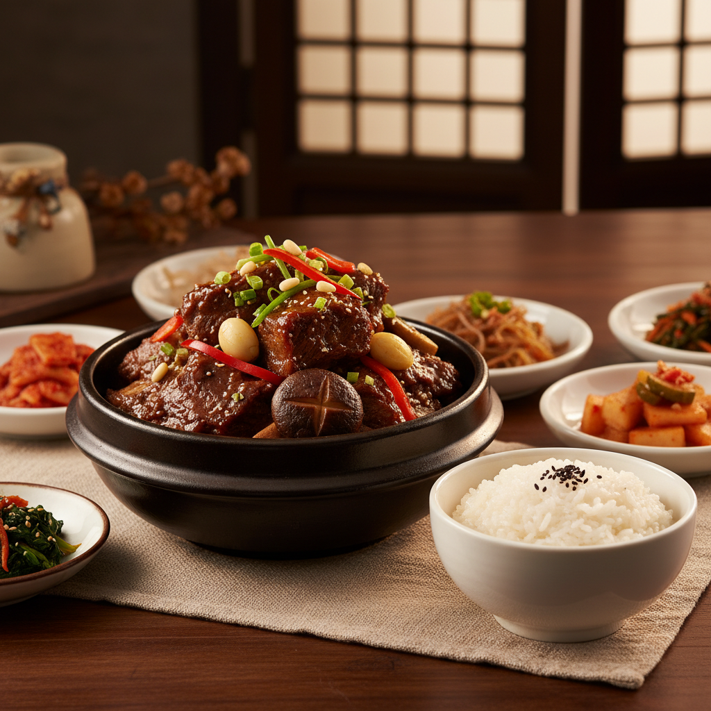 완성된 갈비찜 — 밥과 반찬을 곁들인 한 상