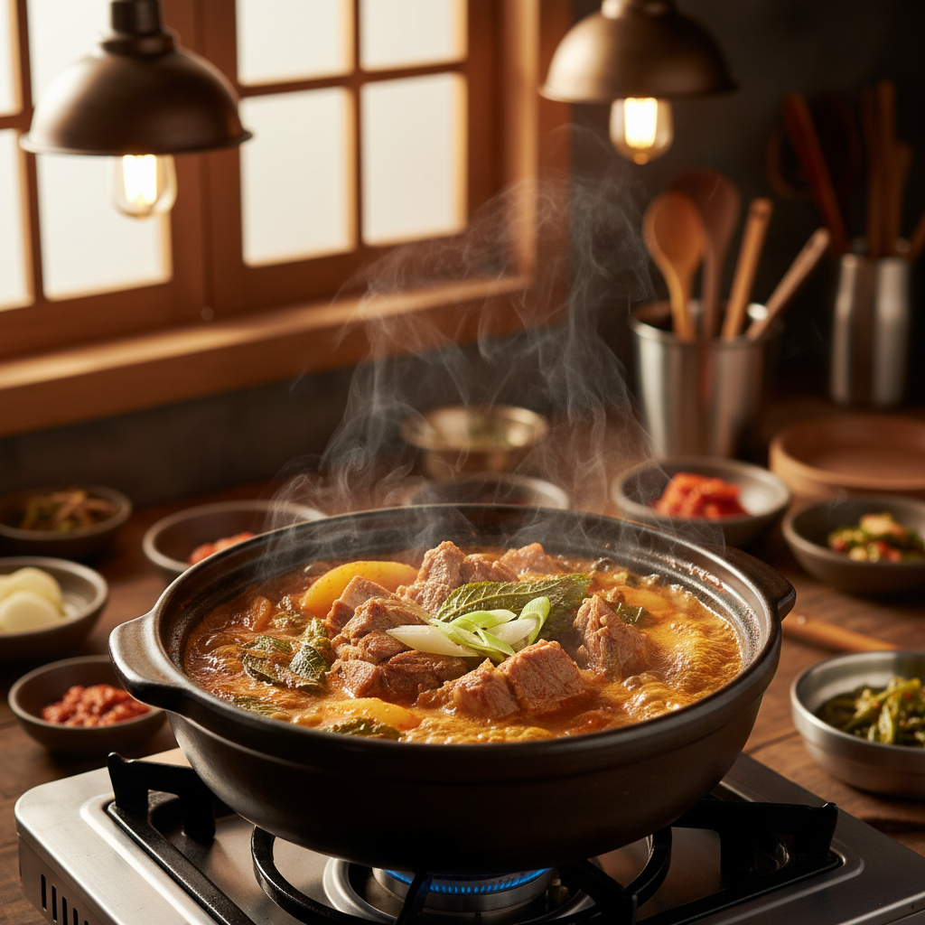 감자탕 조리 중 — 불 위에서 익어가는 과정