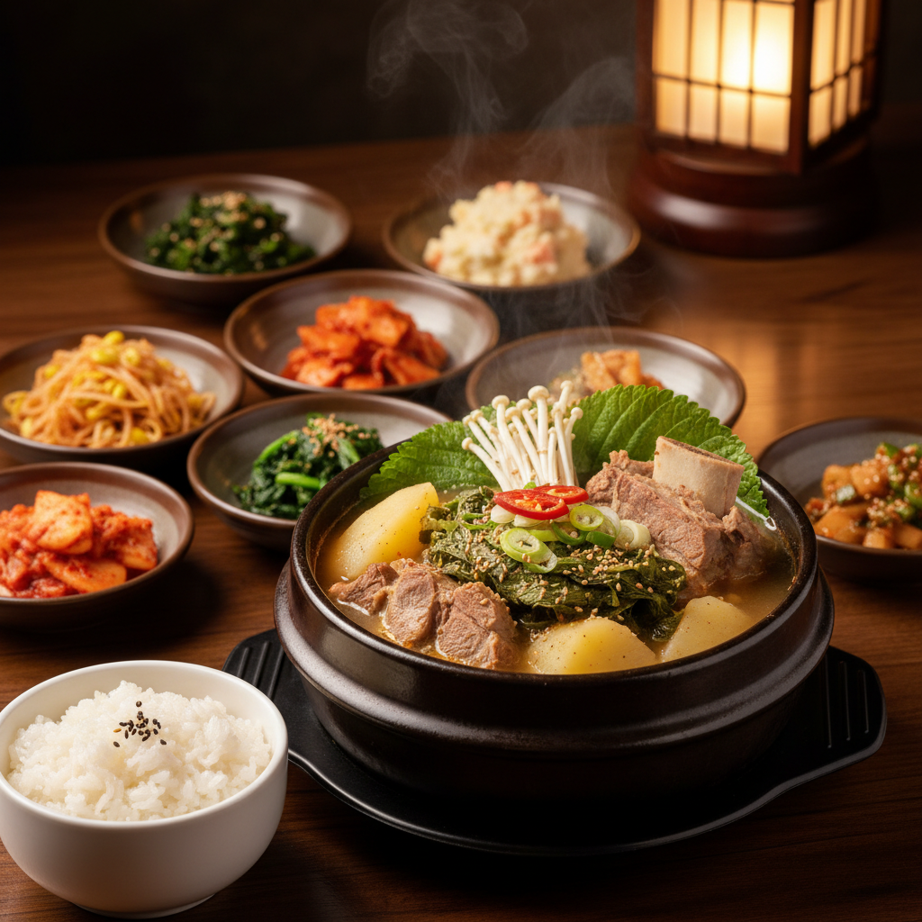 완성된 감자탕 — 밥과 반찬을 곁들인 한 상