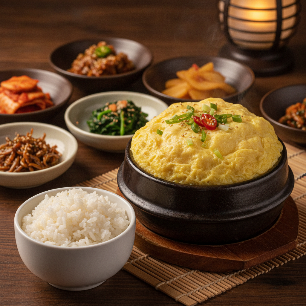 Finished 계란찜 served with rice and banchan