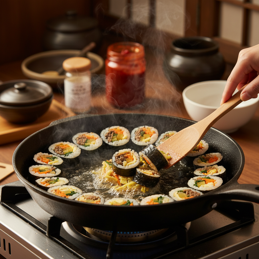 김밥 조리 중 — 불 위에서 익어가는 과정