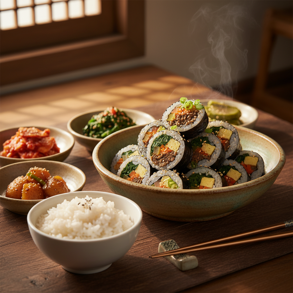 완성된 김밥 — 밥과 반찬을 곁들인 한 상