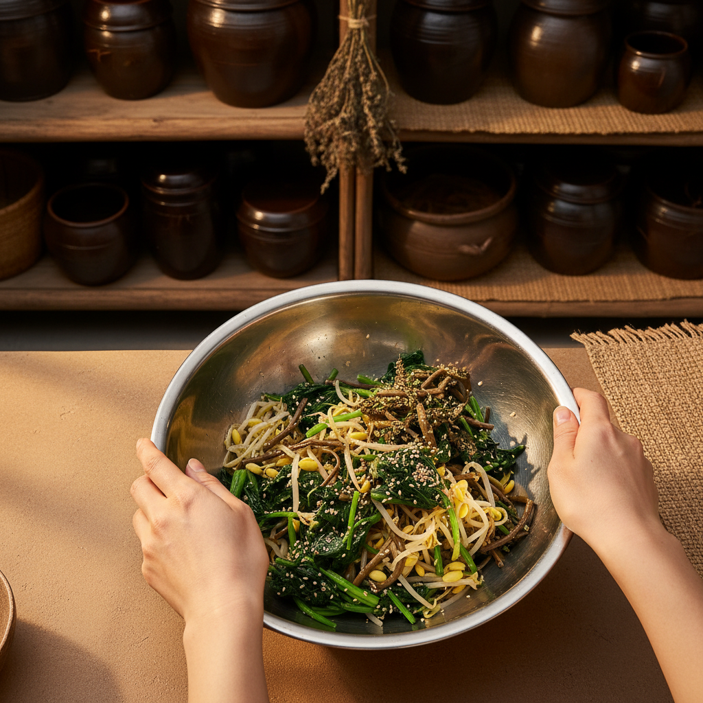 나물무침 조리 중 — 데친 나물을 양념에 무치는 과정