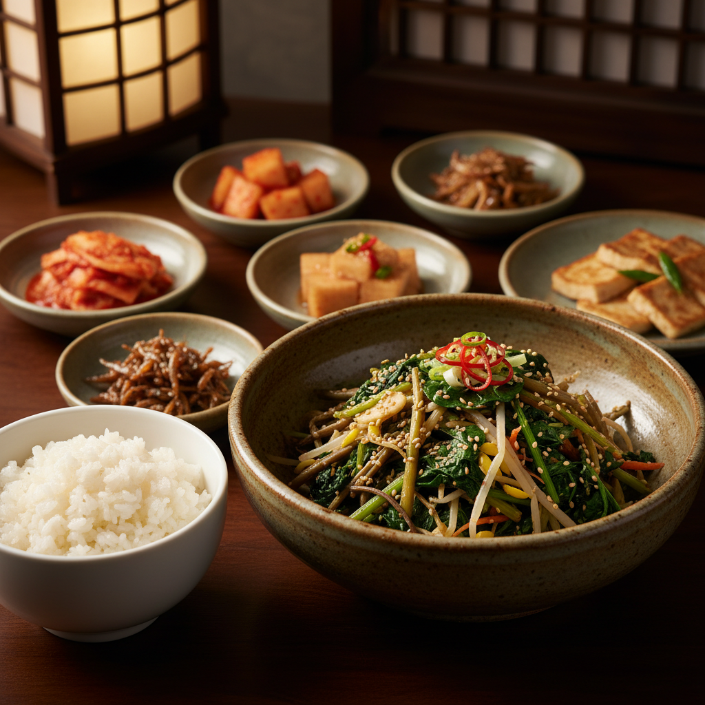 완성된 나물무침 — 밥과 반찬을 곁들인 한 상