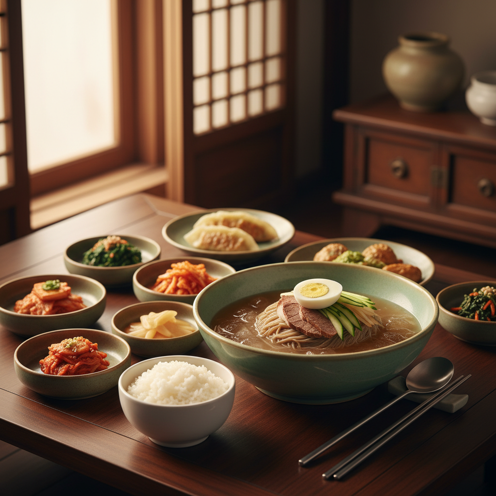완성된 냉면 — 밥과 반찬을 곁들인 한 상