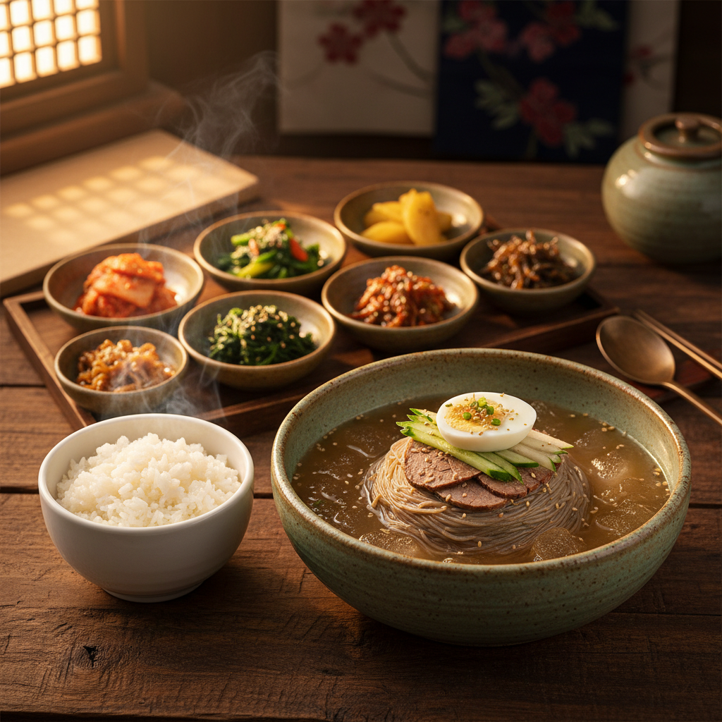 완성된 냉면 — 밥과 반찬을 곁들인 한 상