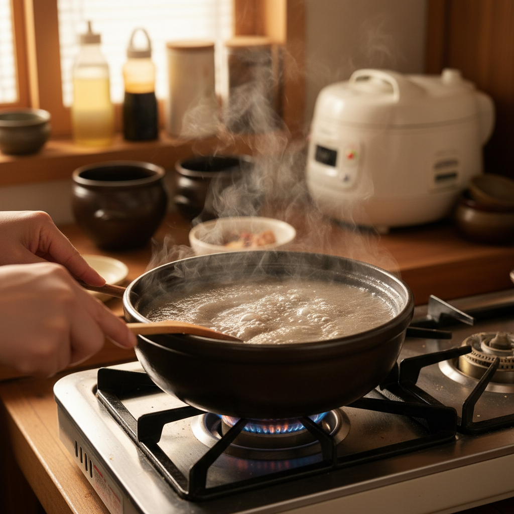 도토리묵 조리 중 — 불 위에서 익어가는 과정