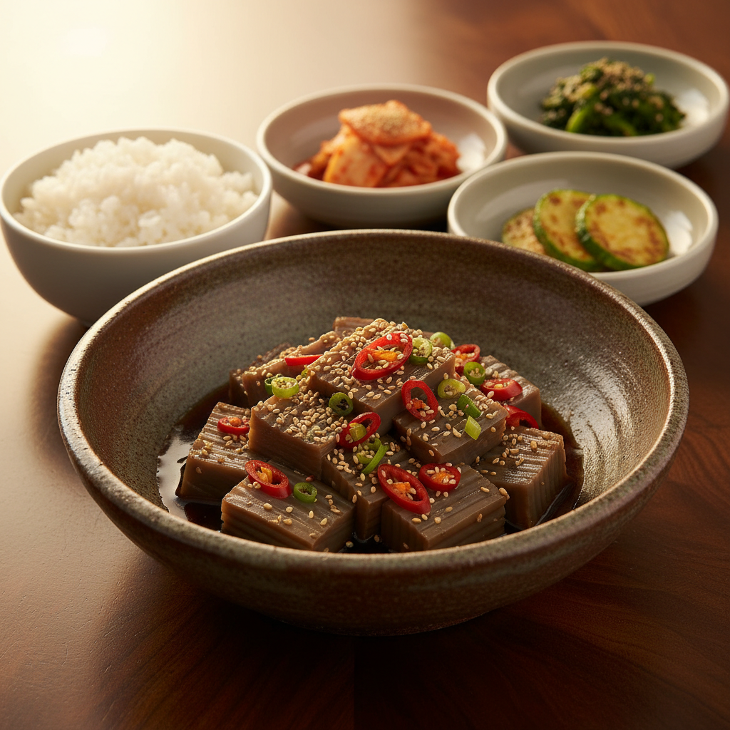 완성된 도토리묵 — 밥과 반찬을 곁들인 한 상