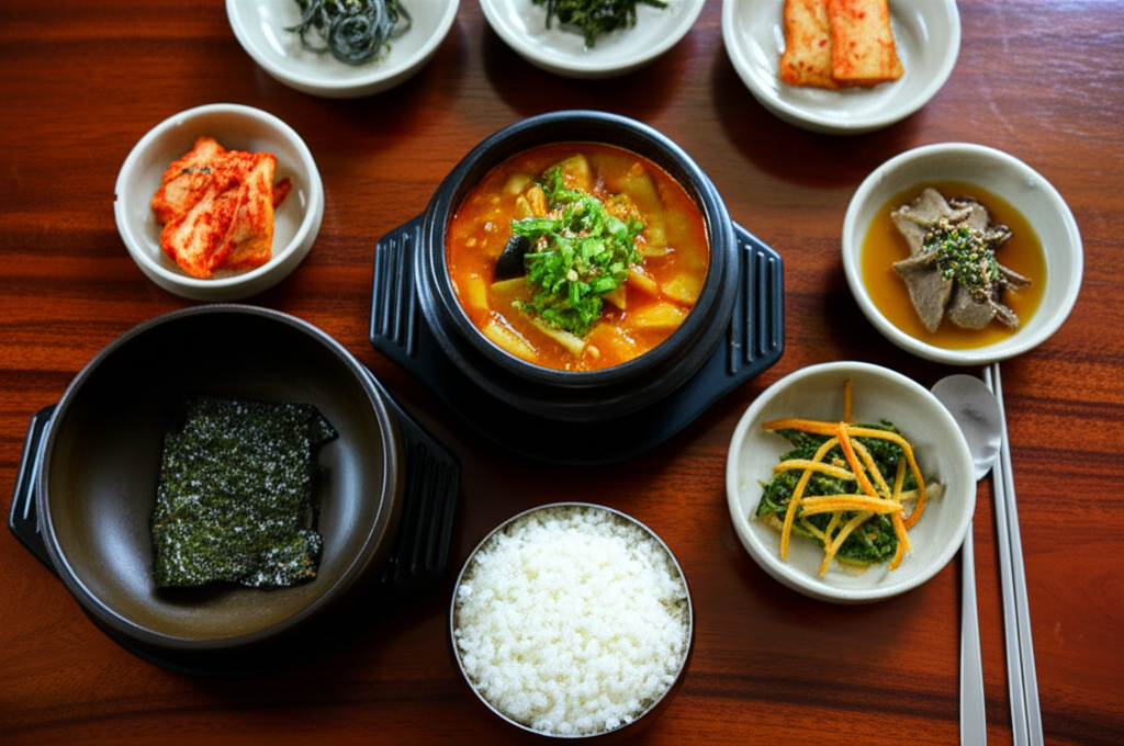 완성된 된장찌개 — 밥과 반찬을 곁들인 한 상