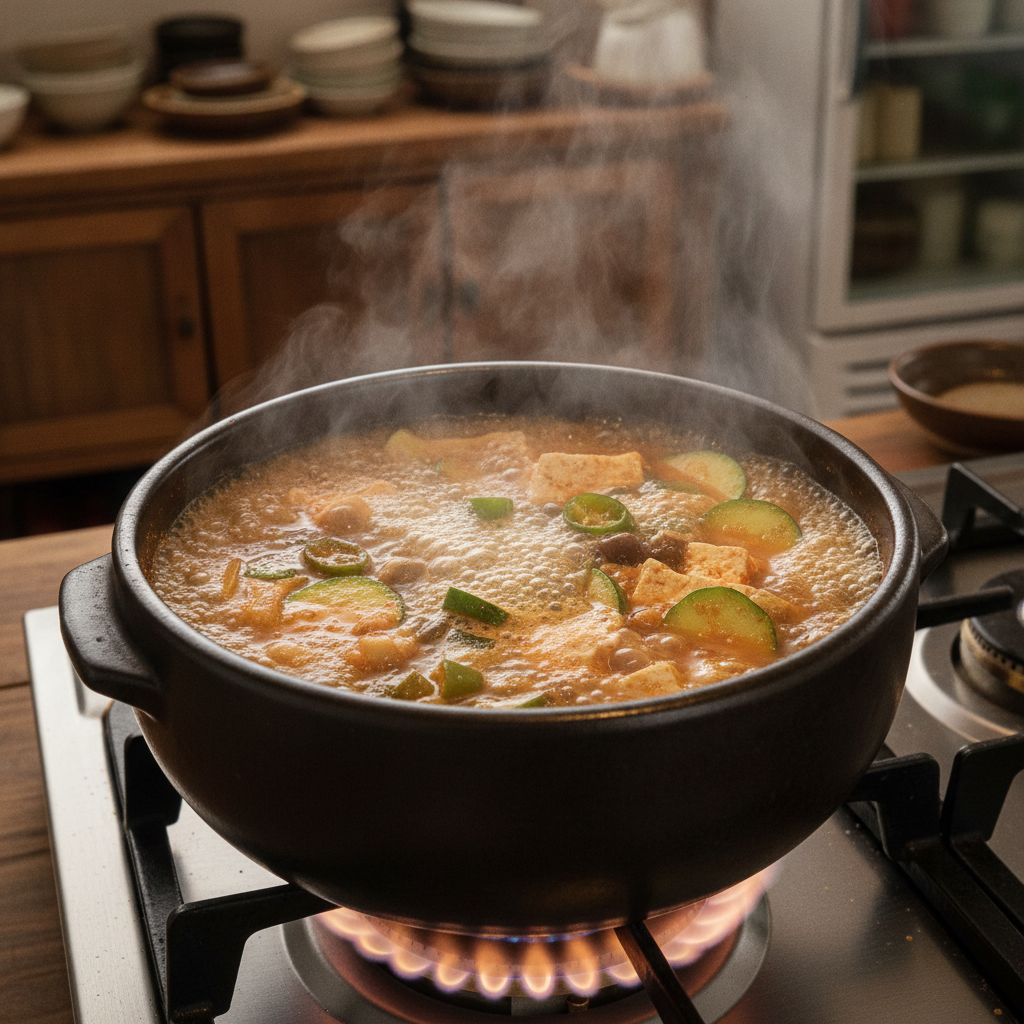 된장찌개 조리 중 — 불 위에서 익어가는 과정