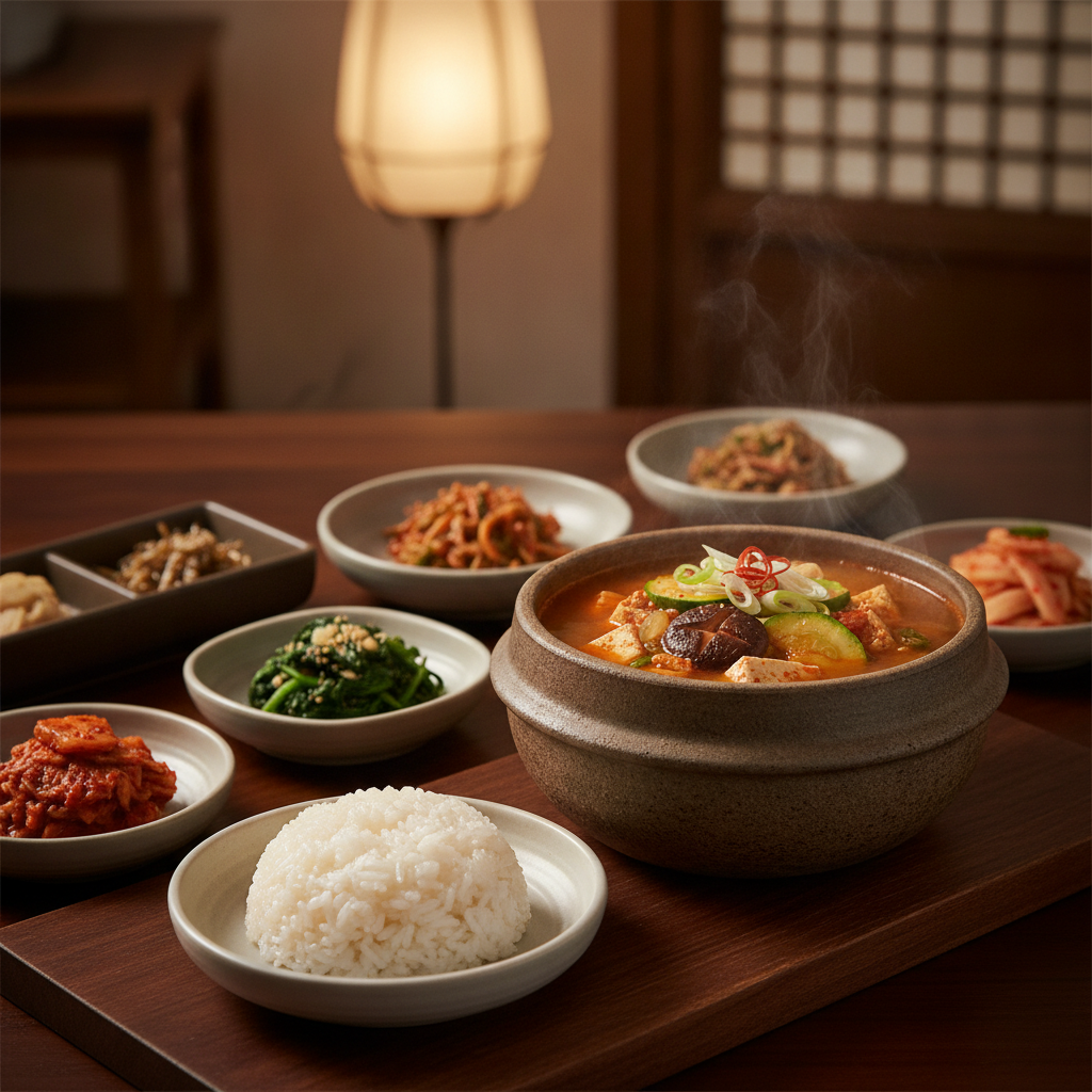 완성된 된장찌개 — 밥과 반찬을 곁들인 한 상