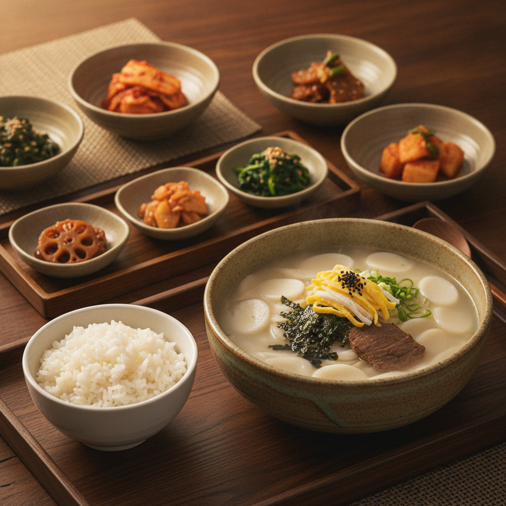 완성된 떡국 — 밥과 반찬을 곁들인 한 상