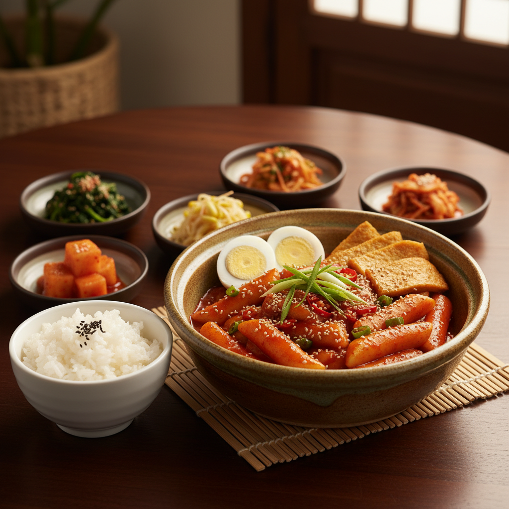 완성된 떡볶이 — 밥과 반찬을 곁들인 한 상