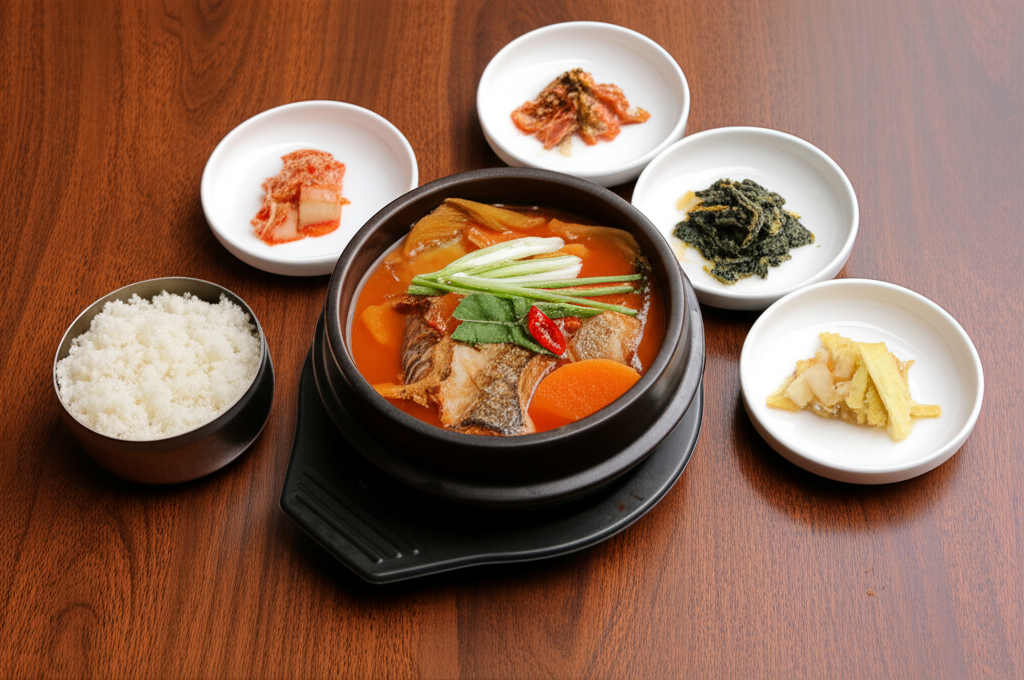 완성된 매운탕 — 밥과 반찬을 곁들인 한 상