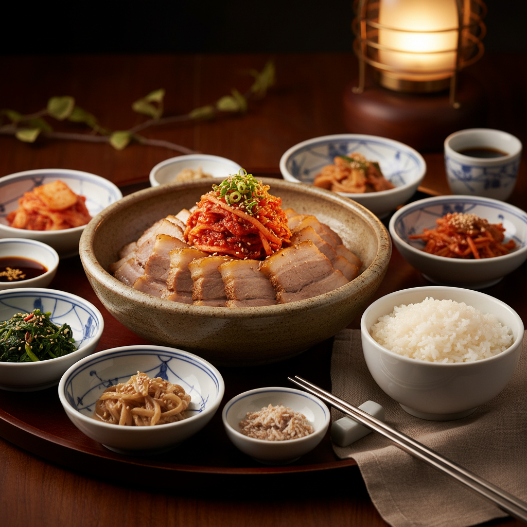 완성된 보쌈 — 밥과 반찬을 곁들인 한 상