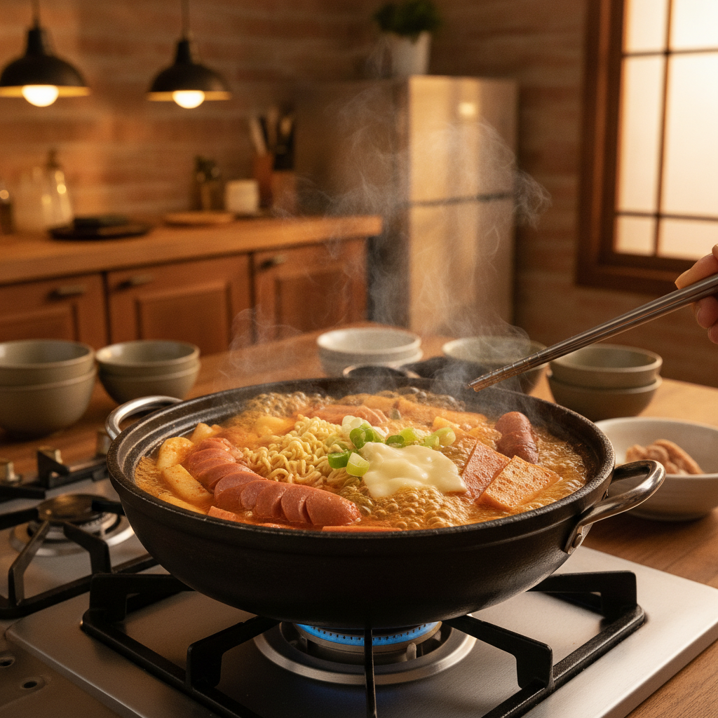 부대찌개 조리 중 — 불 위에서 익어가는 과정