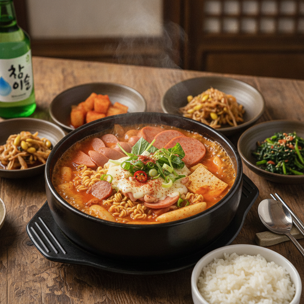 완성된 부대찌개 — 밥과 반찬을 곁들인 한 상