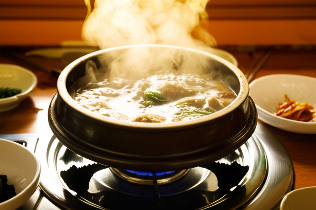 삼계탕 조리 중 — 불 위에서 익어가는 과정