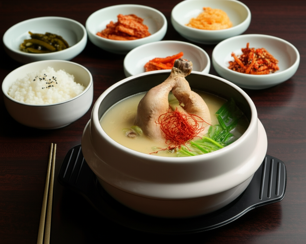 완성된 삼계탕 — 밥과 반찬을 곁들인 한 상