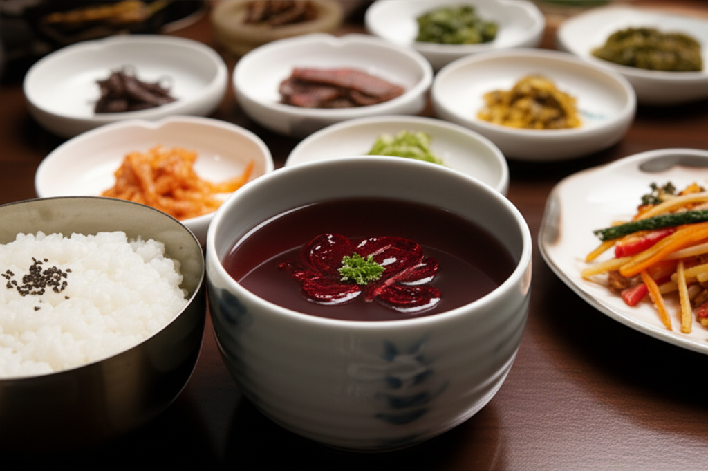 완성된 수정과 — 밥과 반찬을 곁들인 한 상