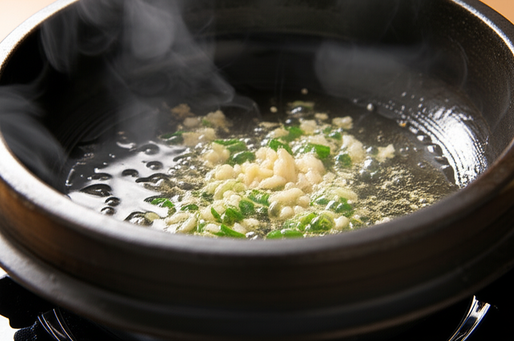 마늘과 파를 참기름에 볶는 과정