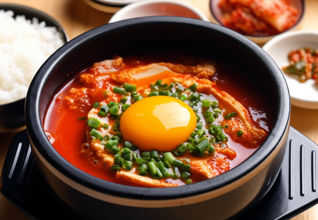 완성된 순두부찌개 — 반숙 계란을 올려 마무리