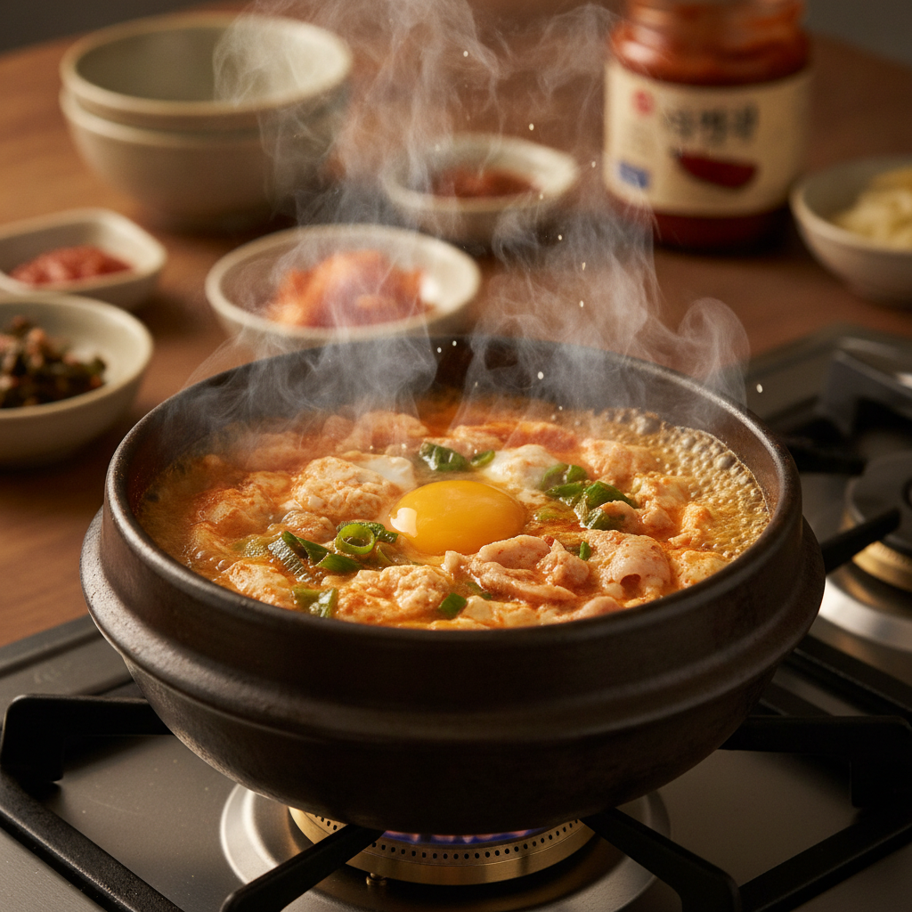 순두부찌개 조리 중 — 불 위에서 익어가는 과정
