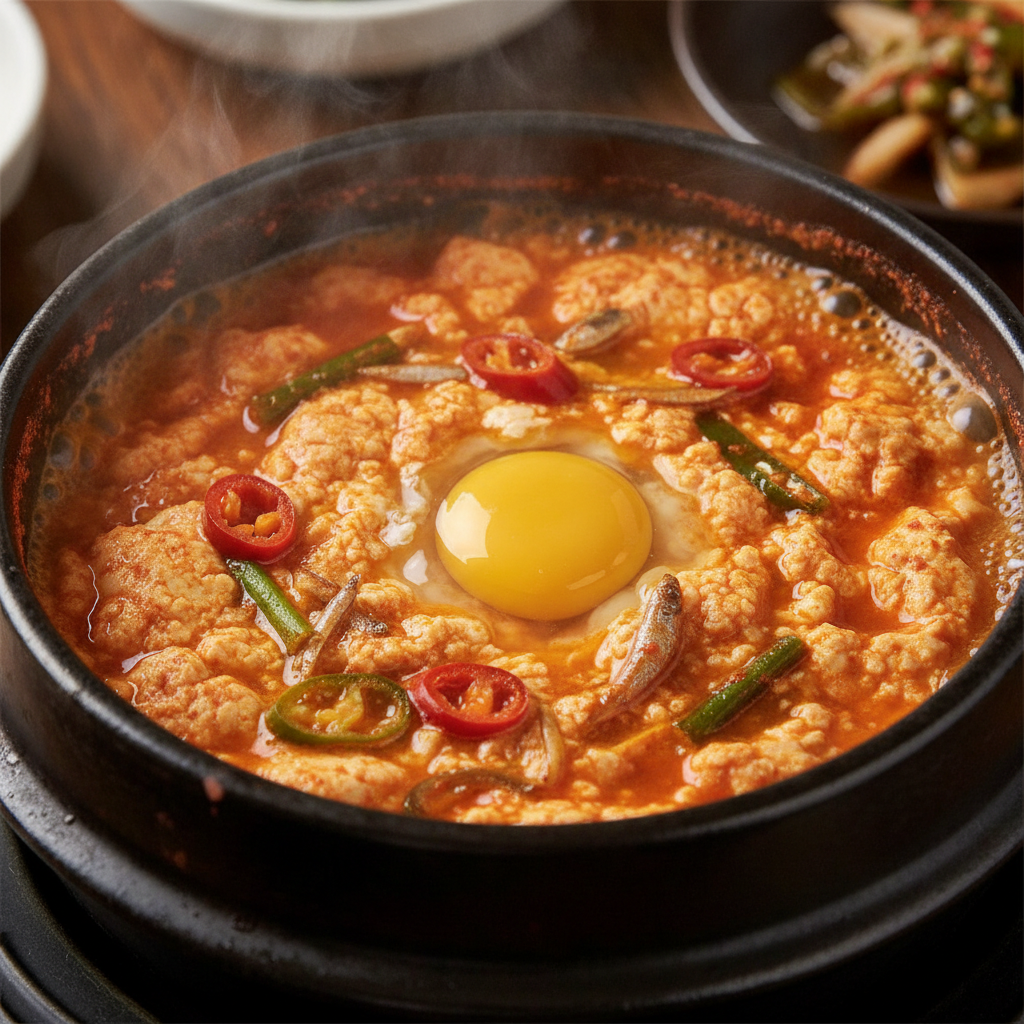정성스럽게 완성되어 가는 순두부찌개