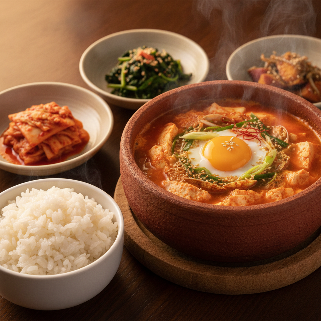 완성된 순두부찌개 — 밥과 반찬을 곁들인 한 상