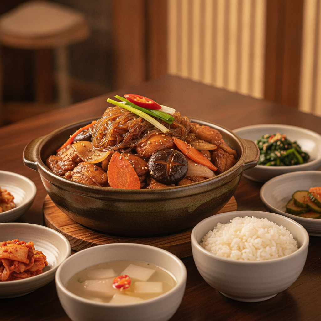 완성된 안동찜닭 — 밥과 반찬을 곁들인 한 상