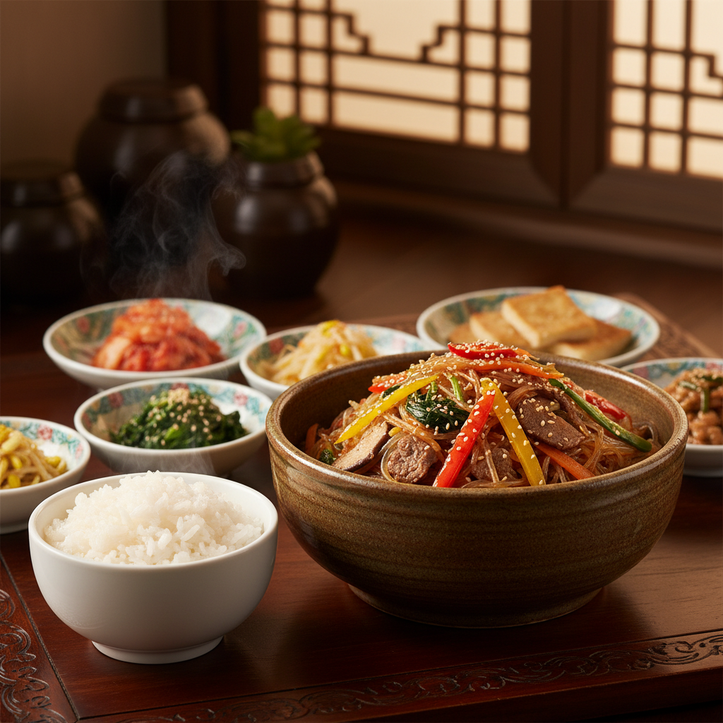 완성된 잡채 — 밥과 반찬을 곁들인 한 상