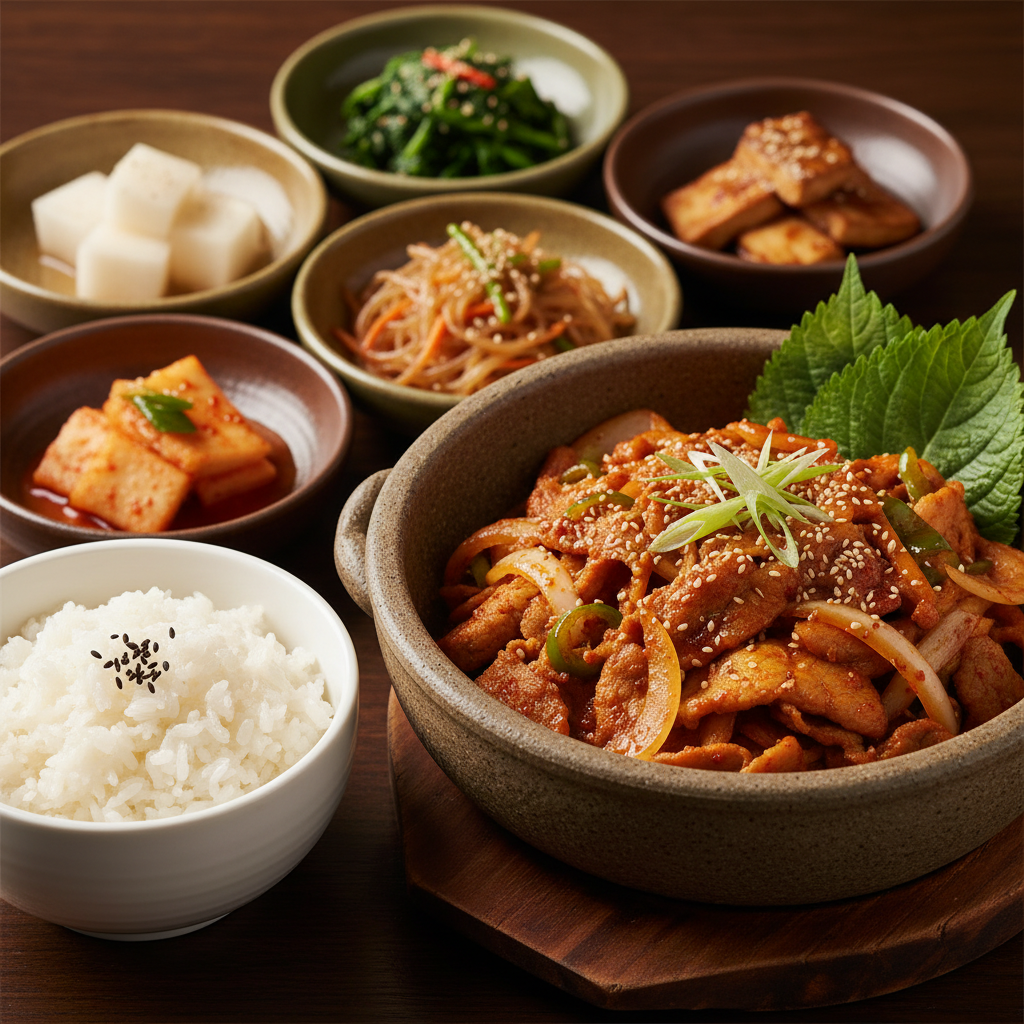 완성된 제육볶음 — 밥과 반찬을 곁들인 한 상