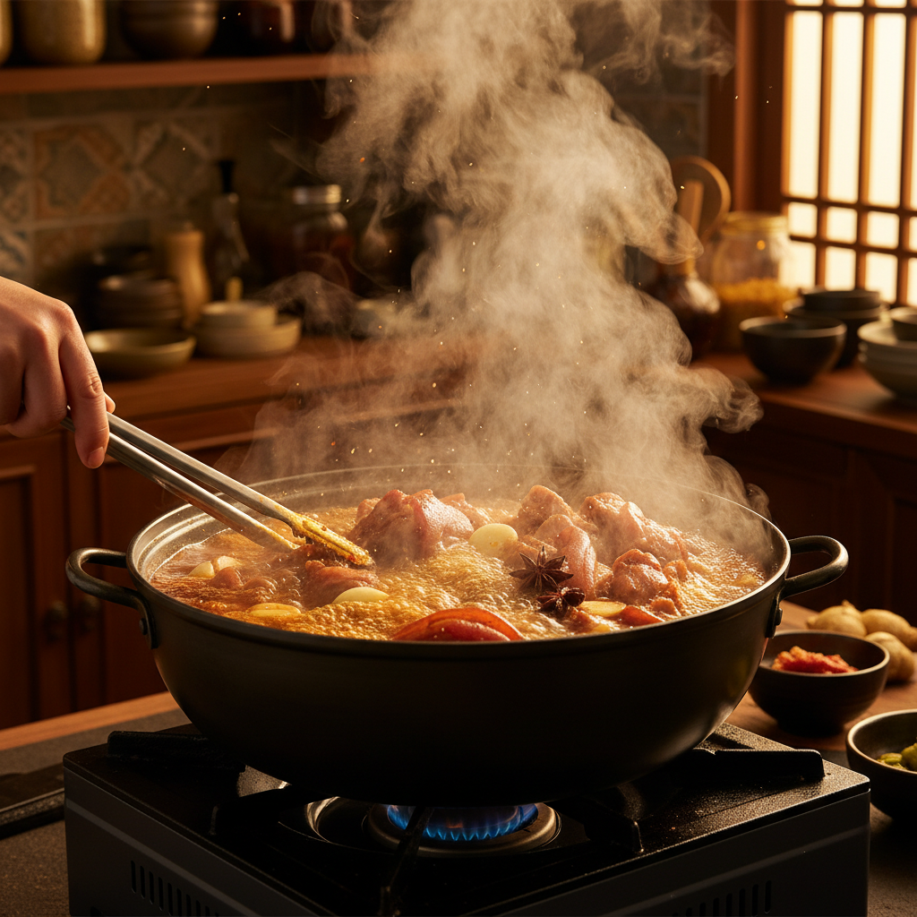 족발 조리 중 — 불 위에서 익어가는 과정