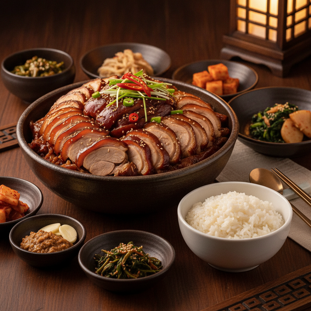 완성된 족발 — 밥과 반찬을 곁들인 한 상