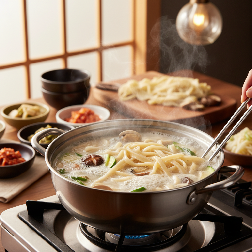 칼국수 조리 중 — 불 위에서 익어가는 과정