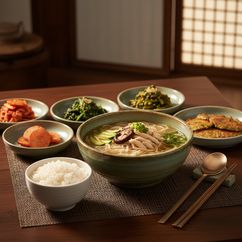 완성된 칼국수 — 밥과 반찬을 곁들인 한 상
