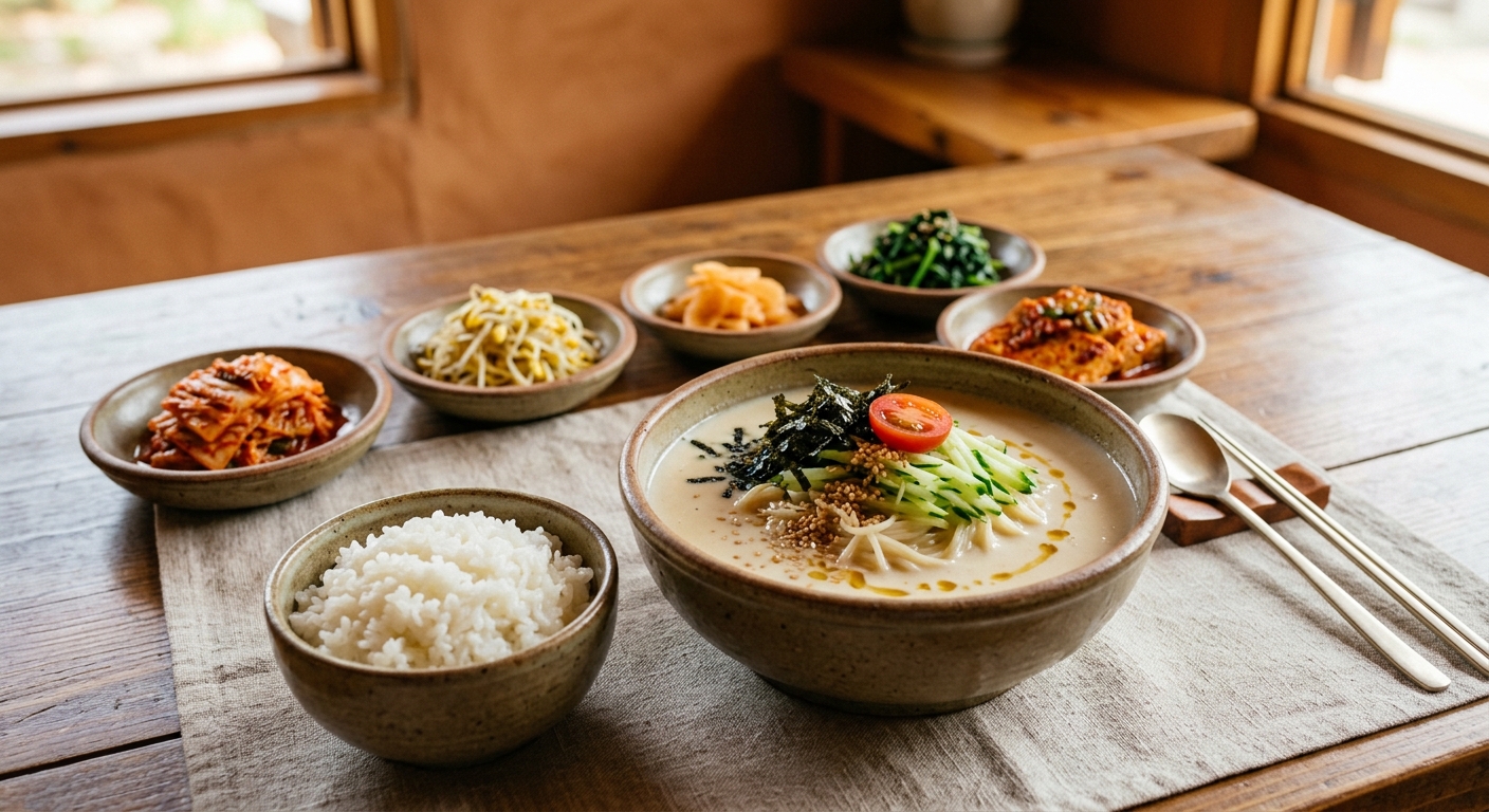 Finished 콩국수 served with rice and banchan