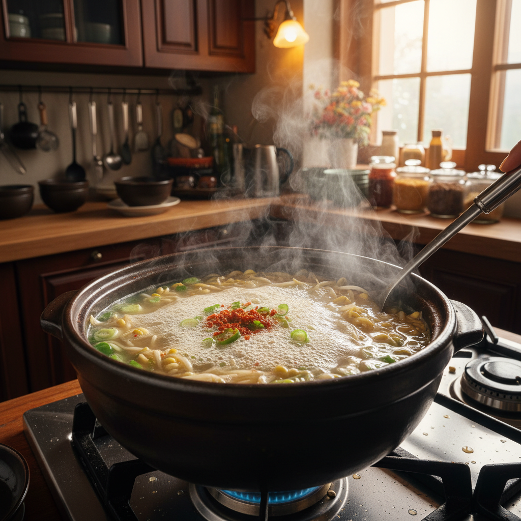 콩나물국 조리 중 — 불 위에서 익어가는 과정