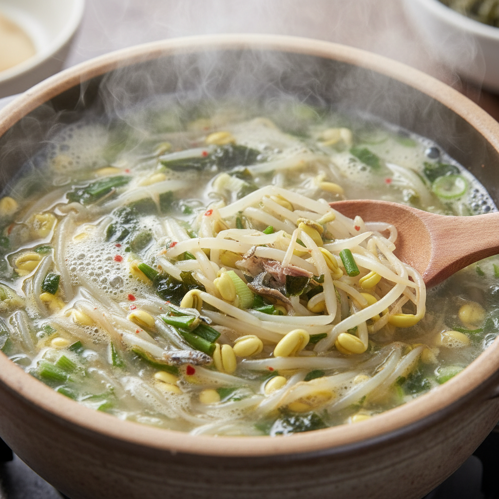 정성스럽게 완성되어 가는 콩나물국