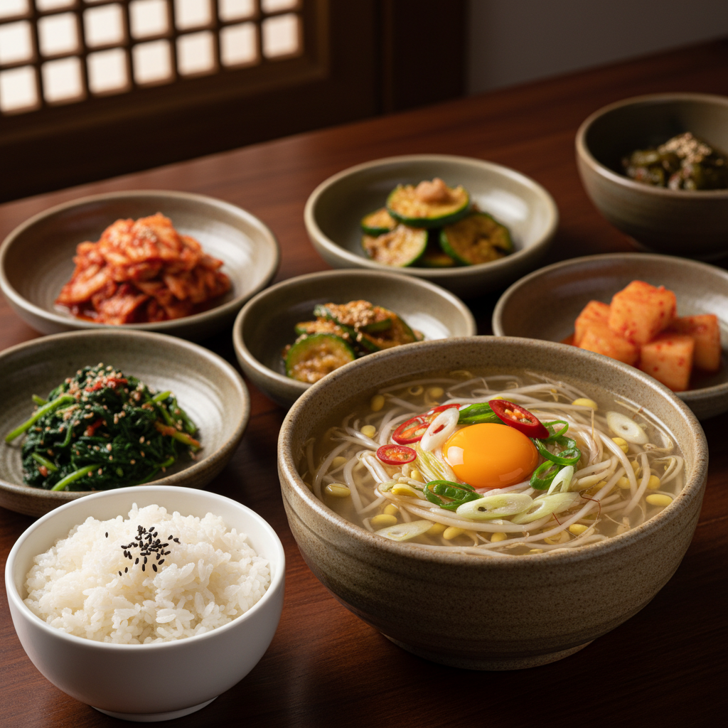 완성된 콩나물국 — 밥과 반찬을 곁들인 한 상