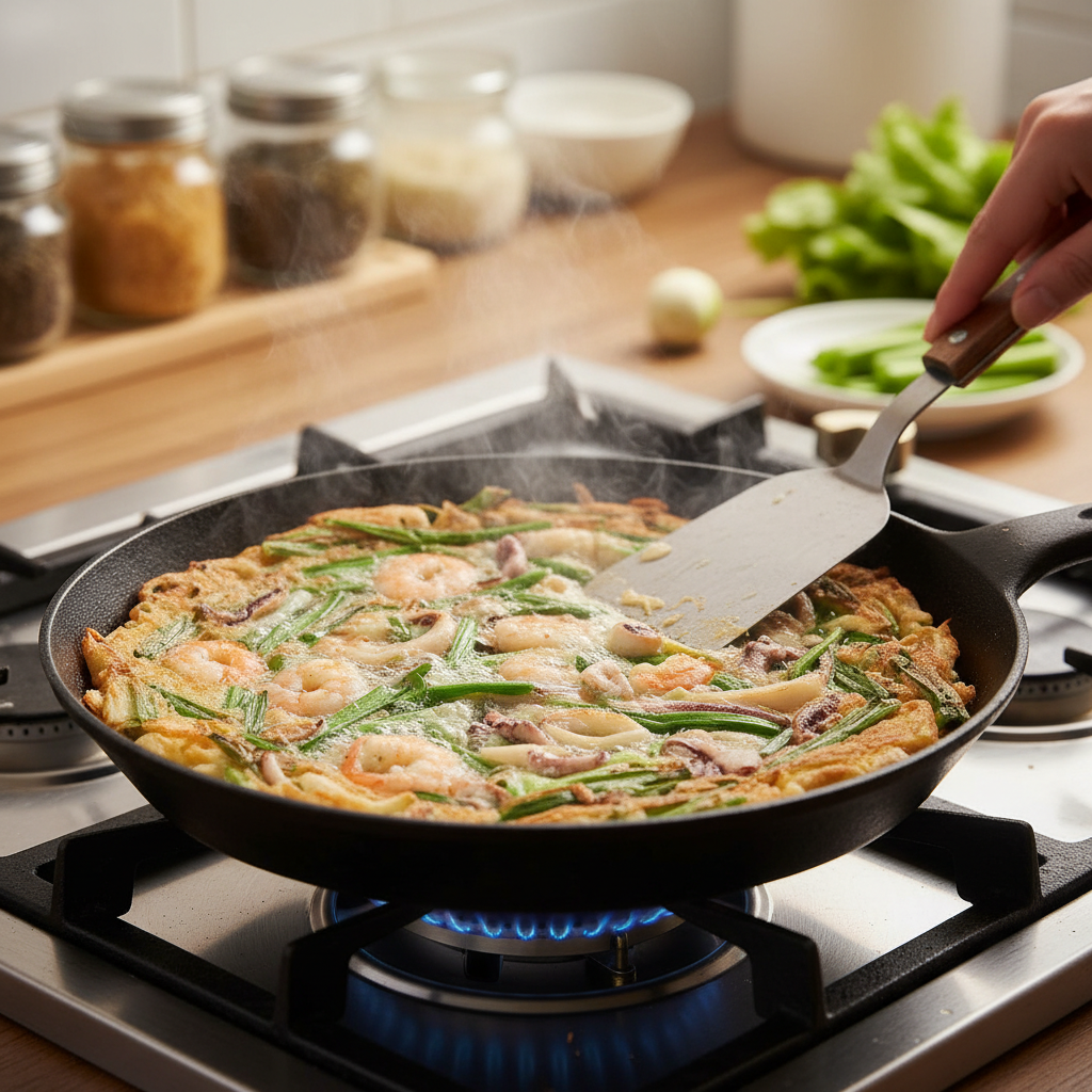 해물파전 조리 중